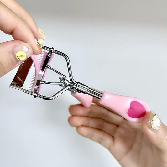 MERVK Stainless Steel Eyelash Curler with Built-in Comb Pinch Pain-Free Suitable for Any Eye Shapes and Sizes, with 5 Silicone Refill Pads (Peach Pink)