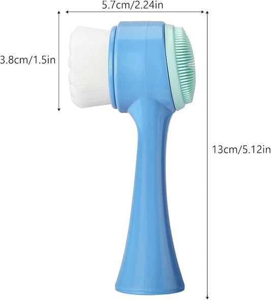 Face Brush 2 in 1, Facial Cleansing Exfoliating Scrubber Brush, Silicone Double Side Manual Face Wash Scrub Brush with Soft Fiber for Deep Pore Cleansing, Massaging, Skin Care,Blue