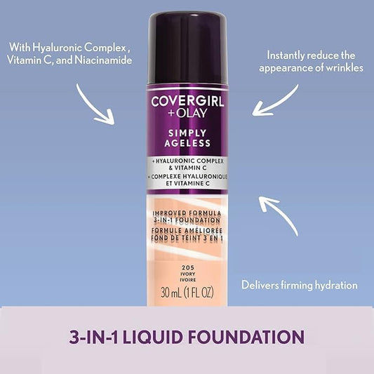 COVERGIRL & Olay Simply Ageless 3-in-1 Liquid Foundation, Matte Finish, Hyaluronic & Vitamin C Formula, 260 Classic Tan, 1 Count