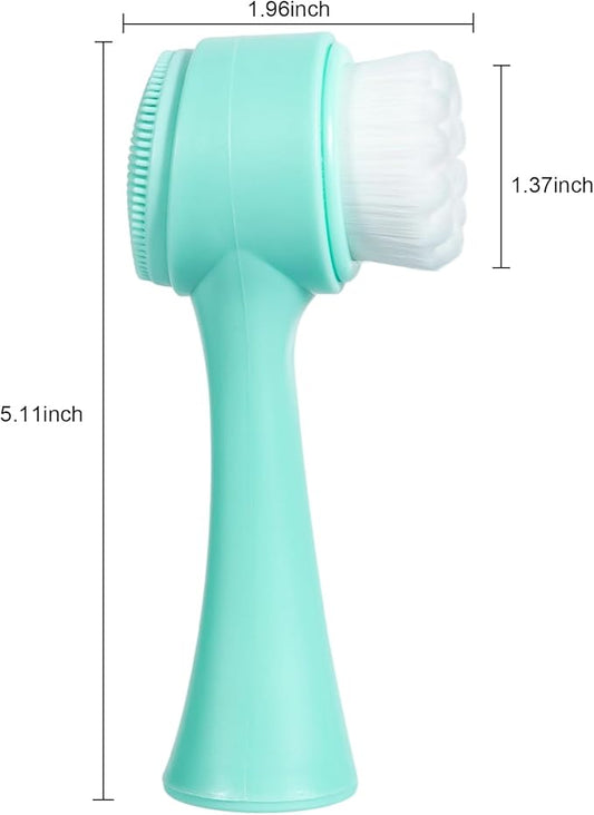 Face Brush 2 in 1, Facial Cleansing Exfoliating Scrubber Brush, Silicone Double Side Manual Face Wash Scrub Brush with Soft Fiber for Deep Pore Cleansing, Massaging, Skin Care,Green