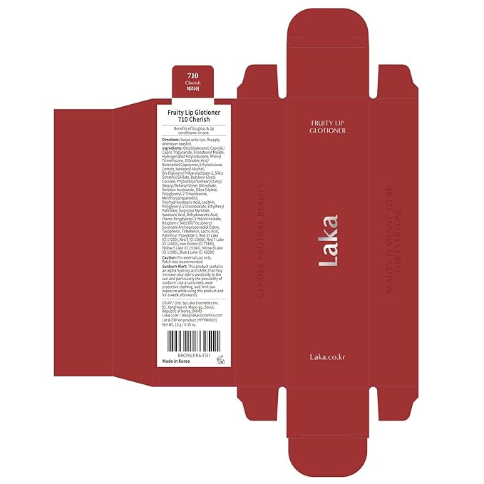 Laka Fruity Lip Glotioner, 10ml/0.33 fl.oz, Lip Gloss with High Shine Vivid Colors, Jelly tip for Hygienic & Easy Application, Plumping Conditioner, Vegan, K-Beauty (#710 Cherish)