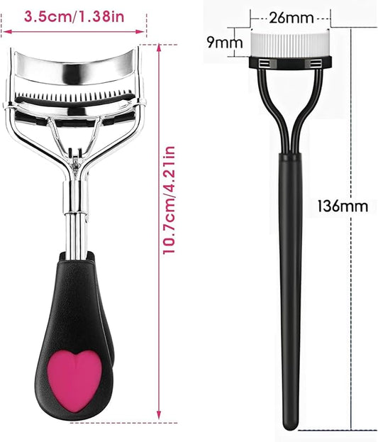 Stainless Steel Eyelash Curler with Comb and Eyelash Brush Fit Suitable for Any Eye Shapes and Sizes, with 5 Silicone Refill Pads (Black Set)
