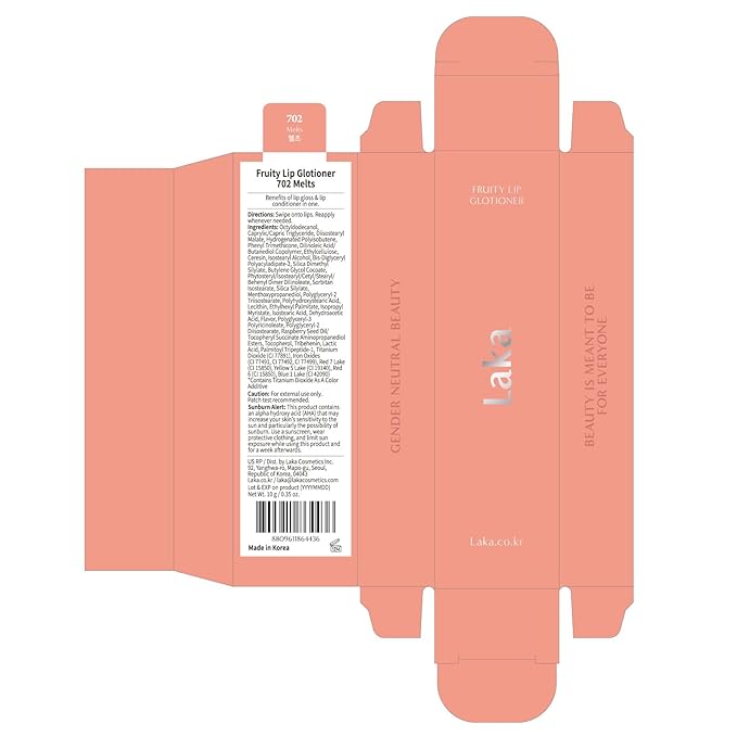 Laka Fruity Lip Glotioner, 10ml/0.33 fl.oz, Lip Gloss with High Shine Vivid Colors, Jelly tip for Hygienic & Easy Application, Plumping Conditioner, Vegan, K-Beauty (#702 Melts)