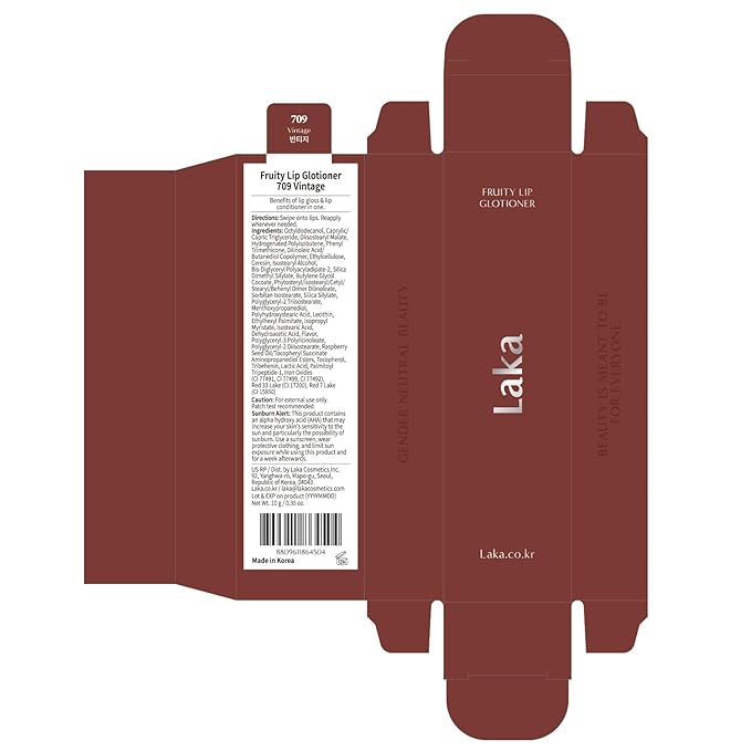 Laka Fruity Lip Glotioner, 10ml/0.33 fl.oz, Lip Gloss with High Shine Vivid Colors, Jelly tip for Hygienic & Easy Application, Plumping Conditioner, Vegan, K-Beauty (#709 Vintage)