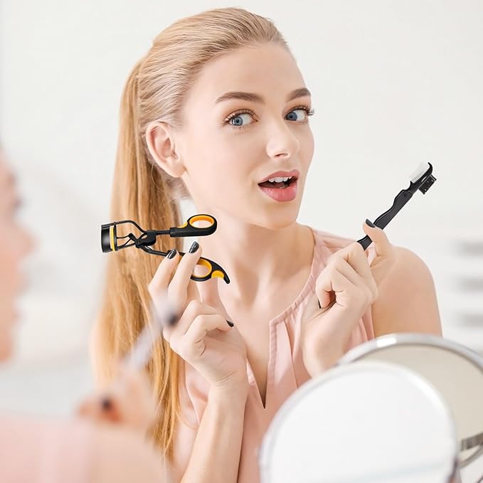 Bencailor 17 Pcs Eyelash Curlers Kit Lash Curler Eyelash Comb Seperator Extension Tweezers Eyebrow Brush Scissors False Eyelashes Applicator Eyebrow Trimmer Silicone Refills Pads for Women (Orange)