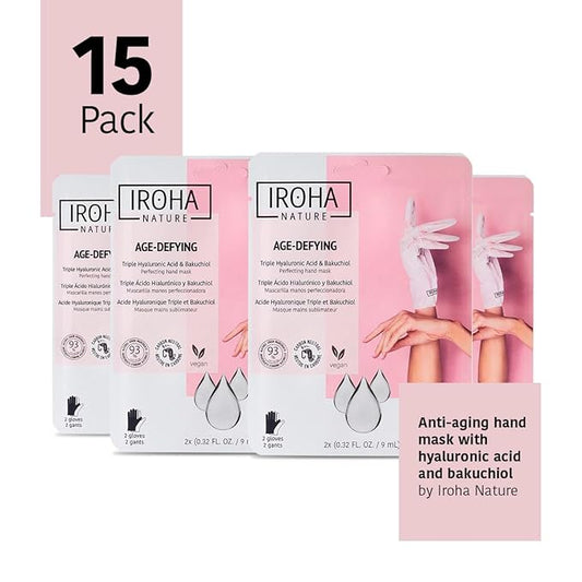 IROHA NATURE Anti-Aging Hand Mask Gloves | 15 Pairs | Triple Hyaluronic Acid, Bakuchiol & Niacinamide | Reduces Wrinkles & Dark Spots | Vegan & Cruelty-Free | 93% Natural Ingredients