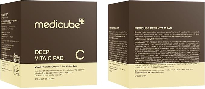 medicube Toner Pads Deep Vita C Facial Toner Pad for Uneven Skin Tone & Texture | Vitamin Water and 3 Types of Vitamin, Deeply Hydrating & Resurfacing Pad | Korean Skin Care, 70 Pads (1 Pack)