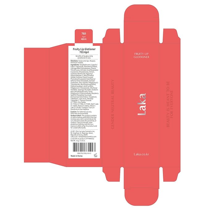 Laka Fruity Lip Glotioner, 10ml/0.33 fl.oz, Lip Gloss with High Shine Vivid Colors, Jelly tip for Hygienic & Easy Application, Plumping Conditioner, Vegan, K-Beauty (#703 Apri)