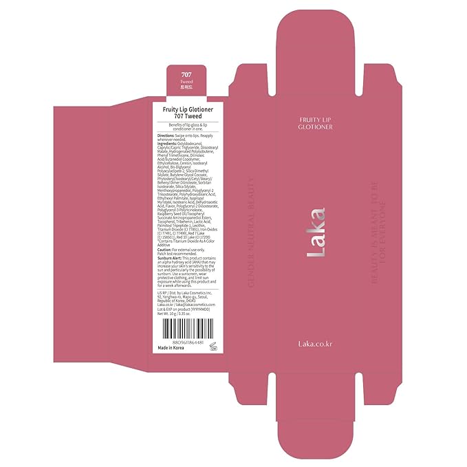 Laka Fruity Lip Glotioner, 10ml/0.33 fl.oz, Lip Gloss with High Shine Vivid Colors, Jelly tip for Hygienic & Easy Application, Plumping Conditioner, Vegan, K-Beauty (#707 Tweed)