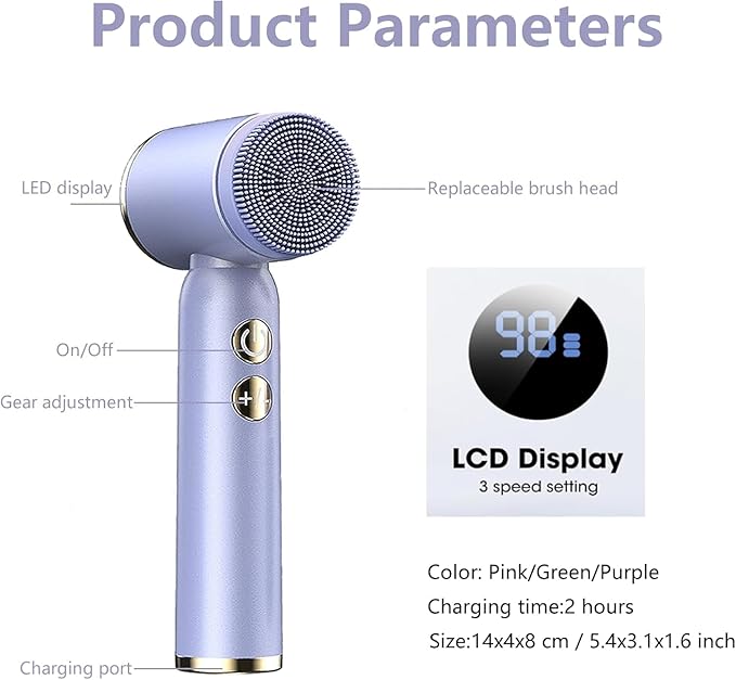 6-in-1 Facial Cleansing Brush, Electric Face Scrubber with 6 Brush Heads, 3-Speed Waterproof Spin Brush, Rechargeable Face Cleaner for Dry, Oily, and Sensitive Skin (Purple)