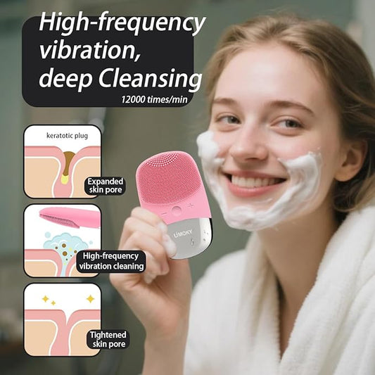 Facial Cleansing Brush, 3-in-1 Electric Silicone Face Scrubber, Vibrating Massager, IPX7 Waterproof, USB Rechargeble Pore Brush for Deep Cleanning, Blackhead Remover, Exfoliating (Pink)