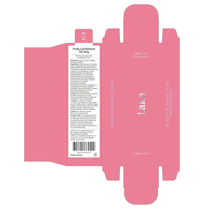 Laka Fruity Lip Glotioner, 10ml/0.33 fl.oz, Lip Gloss with High Shine Vivid Colors, Jelly tip for Hygienic & Easy Application, Plumping Conditioner, Vegan, K-Beauty (#701 Dolly)