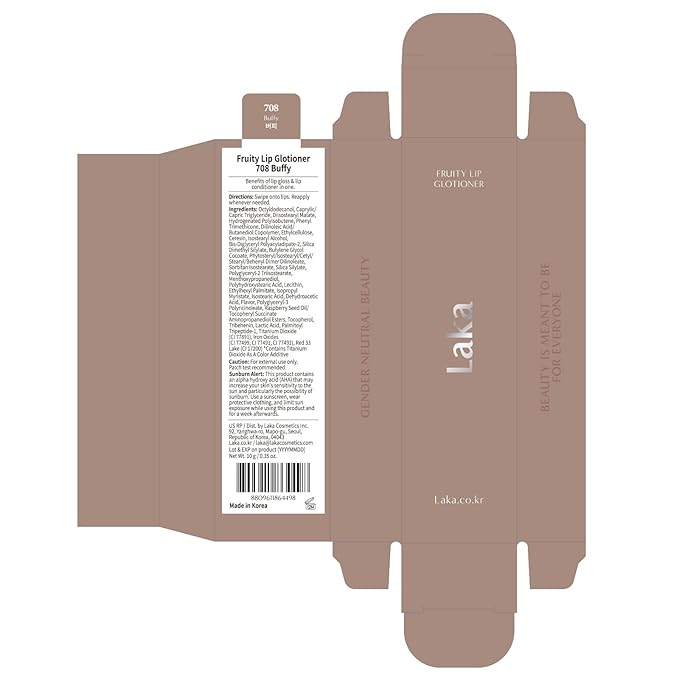 Laka Fruity Lip Glotioner, 10ml/0.33 fl.oz, Lip Gloss with High Shine Vivid Colors, Jelly tip for Hygienic & Easy Application, Plumping Conditioner, Vegan, K-Beauty (#708 Buffy)