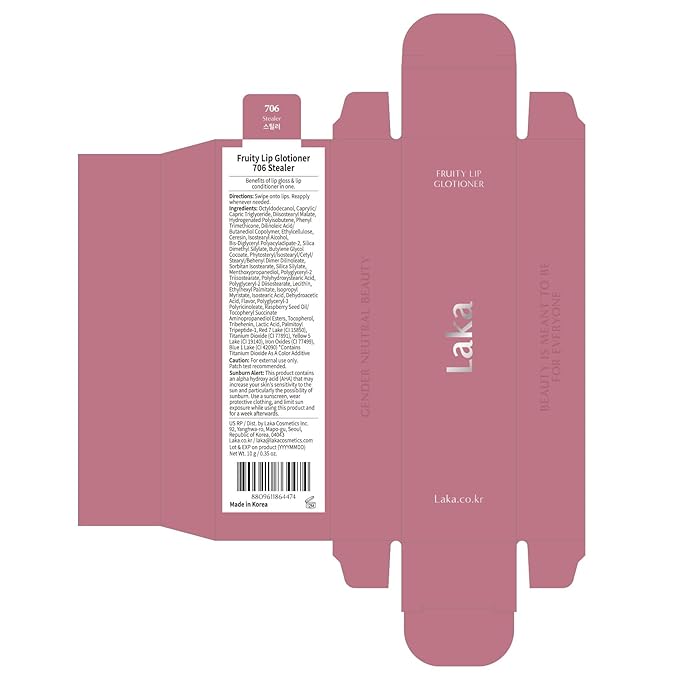 Laka Fruity Lip Glotioner, 10ml/0.33 fl.oz, Lip Gloss with High Shine Vivid Colors, Jelly tip for Hygienic & Easy Application, Plumping Conditioner, Vegan, K-Beauty (#706 Stealer)