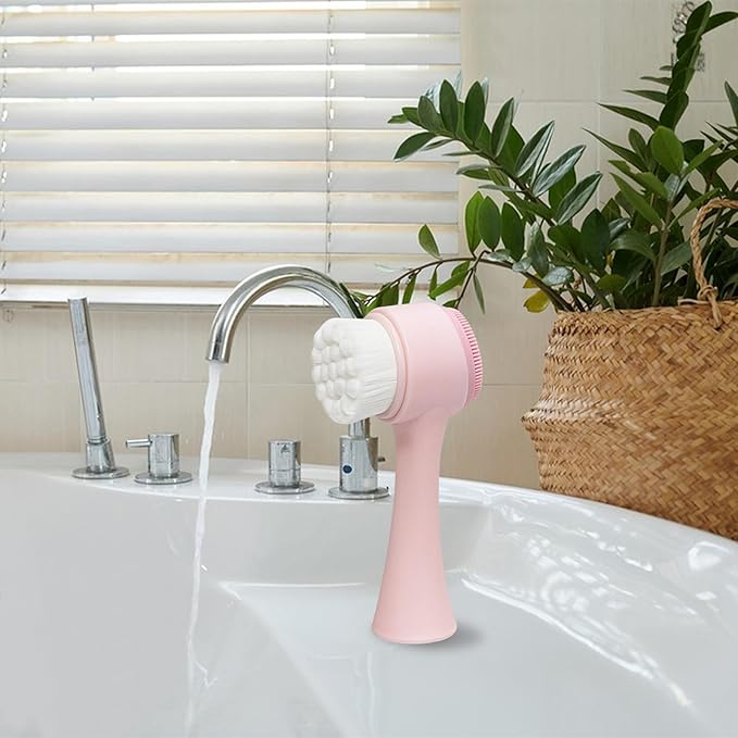 Facial Cleansing Brush 2 in 1, Face Exfoliating Scrubber Brush, Silicone Double Side Manual Face Wash Scrub Brush with Soft Bristles for Deep Pore Cleansing, Massaging, Skin Care, Pink