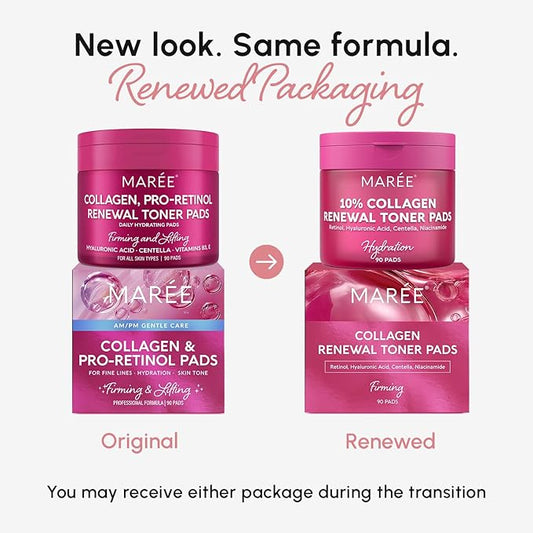 MAREE Collagen Acne Clearing Polishes - Toner Pads with Retinol - Minimizing Wrinkle Zero Pore Pads - Hydrating Toning Collagen Pad with Retinol & Centella Device - Anti Aging Brightening Wipes