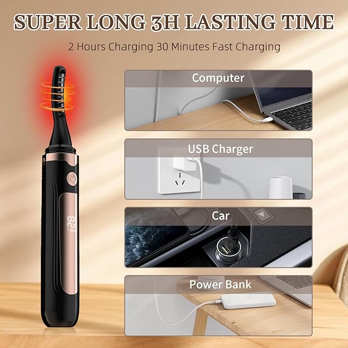 2026 Heated Eyelash Curler-USB Rechargeable Electric Eyelash Curler- Eyelash Curlers Heated 4 Temperature Modes Fast Heat Up Within 3s - 24 Hours Long Lasting- with Led Display for Women Girls(Black)