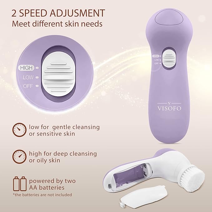 Facial Cleansing Brush Face Scrubber Exfoliating Cleaning Skin Care Cleanser Wash Women Girls Electric Beauty Powered Exfoliator Skincare Spin Tools Scrub Washer Self Care by VISOFO (Lilac Amethyst)