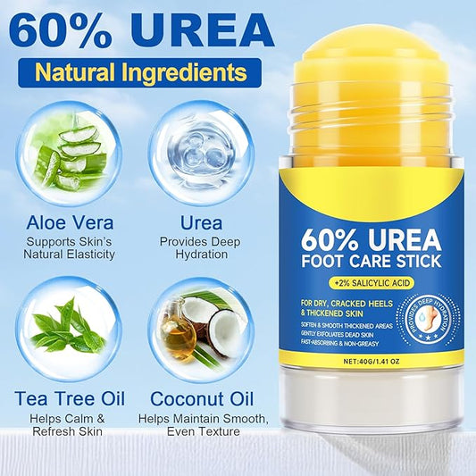 60% Urea with 2% Salicylic Acid Urea Foot Care Stick, Foot Lotion Stick, Foot Care Cream Moisturizer&Hydrates for Dry Cracked Feet, Knees, Elbows, Hands, Heel Stick for Cracked Feet -1.41oz