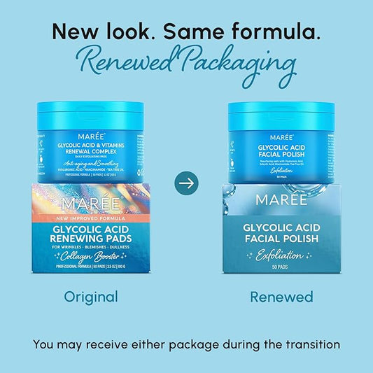 MAREE Glycolic Acid Polishes 2 PACK - Toner Polishes for Face Cleansing - Tea Tree Oil, Salicylic Acid & Vitamins E, B3, B5 - Facial Peel & Radiance Deep Cleaning Effect