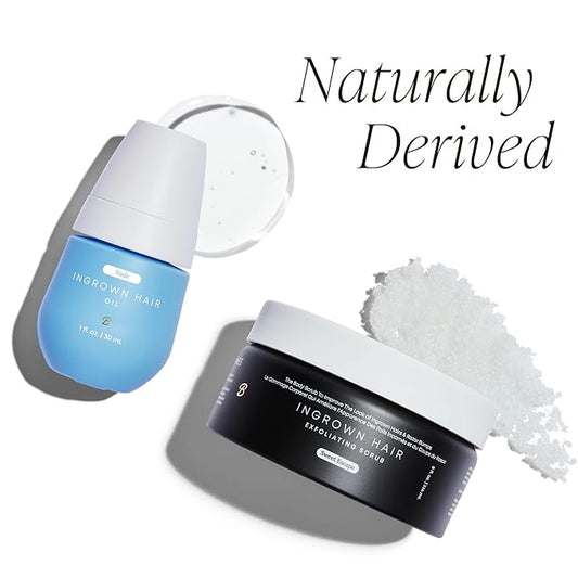 Bushbalm Ingrown Hair and Razor Bumps Minimizer 3-Step Routine - Includes Nude Ingrown Hair Oil (30 ml), Sweet Escape Exfoliating Scrub (236 ml) and Nordic Dry Brush