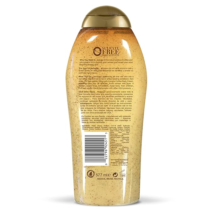 OGX Smoothing + Coconut Coffee Exfoliating Body Scrub with Arabica Coffee & Coconut Oil, Moisturizing Body Wash for Dry Skin, Paraben-Free with Sulfate-Free Surfactants, 19.5 Fl Oz
