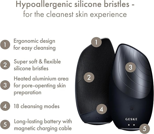 GESKE SmartAppGuided Sonic Thermo Facial Brush | 6 in 1 | Skin Cleansing | Cleansing Brush with Thermal Function | Electric Facial Massager