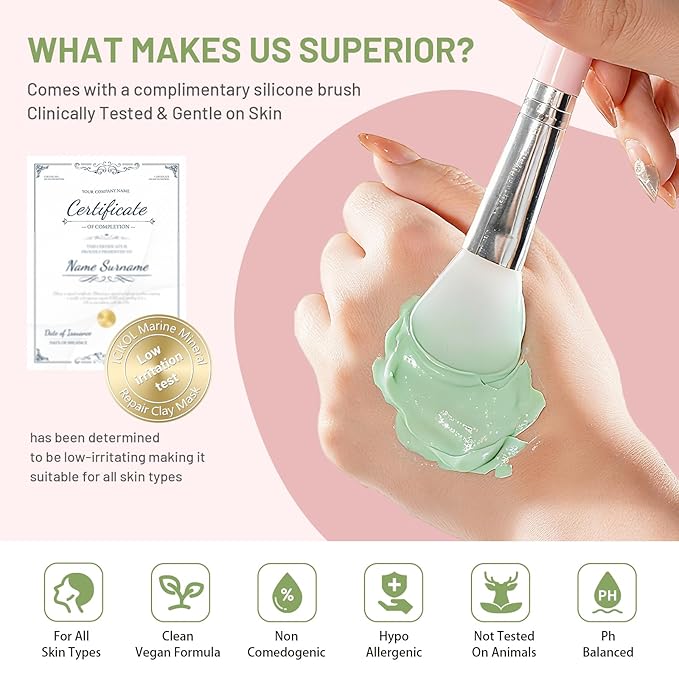 Deep Cleansing Green Clay Mask for Face with Marine Mineralt, Repair Mud Mask to Balance Oil and Moisture, Minimize Blackheads, Soothing Care Pore Cleansing Mask with Brush