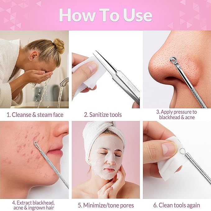 Blackhead Remover Tools Kit 12PCS: 9×Comedone Extractors, 2×Eyebrow Tweezers, 1×5X Mirror, Curved Blackhead Tweezers Kit for Removal of Blackheads, Pimples, Zit Removing, Facial & Nose Tool (Pink)