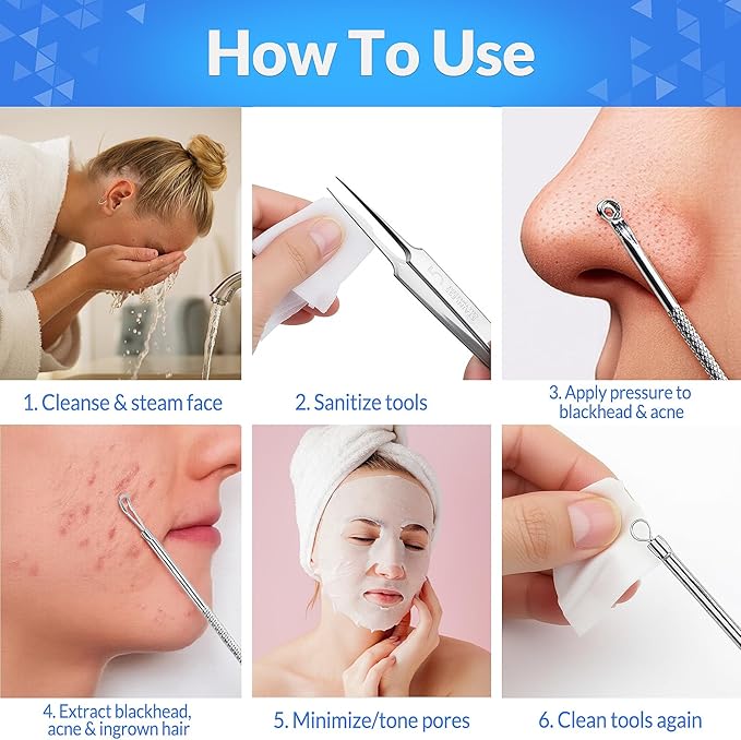 Pimple Popper Tool Kit 12PCS: 9 × Blackhead Removers, 2 ×Eyebrow Tweezers, 1 × 5X Mirror, Stainless Pimple Extractor, Blackhead, Acne, Blemish, Facial Hair Removal Tools Kit (Black)