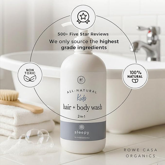Rowe Casa Organics 2-in-1 Kids Hair & Body Wash with Therapeutic Essential Oils – Fruity Kids Shampoo & Body Wash with Sweet, Bright & Uplifting Scent – 16 Fl. Oz