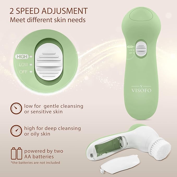 Facial Cleansing Brush Face Scrubber Exfoliating Cleaning Skin Care Cleanser Wash Women Girls Electric Beauty Powered Exfoliator Skincare Spin Tools Scrub Washer Self Care by VISOFO (Jade)