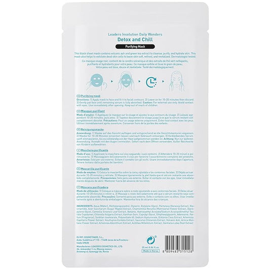 Leaders Insolution Daily Wonders Detox and Chill Facial Mask Sheet Activated Charcoal Purifying Pore Minimizing Exfoliating Dead Skin Korean Skincare (10 Sheets)