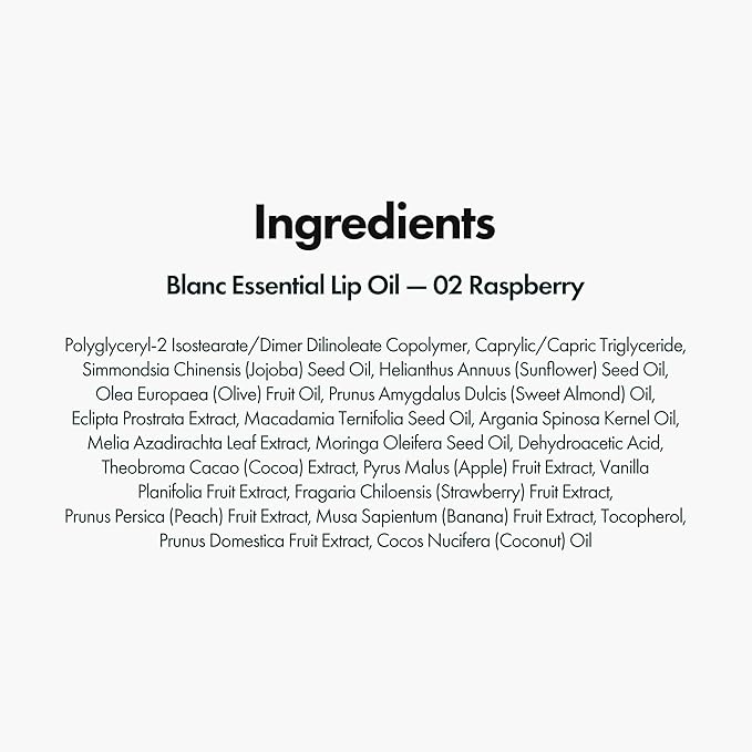 Blanc Essential Lip Oil - 50HR Moisturizing & Hydrating Korean Lip Gloss Makeup with 6 Botanical Extracts - Lightweight, Non-Sticky Clear Essence Overnight Repair 0.15 fl oz (#02 Raspberry)