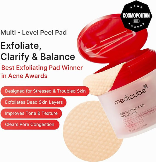 medicube Toner Pads Red Succinic Acid Panthenol Facial Peeling Pad | Exfoliating Toner Pad for Breakout-Prone Skin | Niacinamide, AHA, BHA, and Soothing Panthenol - Non-Comedogenic, 70 Pads (1 Pack)