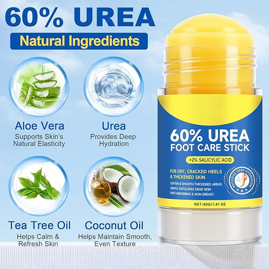 60% Urea with 2% Salicylic Acid Urea Foot Care Stick, Cracked Heel Repair & Deep Moisturizing Treatment for Dry, Rough, Balm for Heels, Elbows, Knees & Hands, Exfoliating Dead Skin, Softening Skin