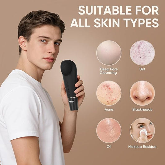Silicone Face Scrubber Blackhead Scraper Rechargeable 2-in-1 Facial Cleansing Brush & Skin Spatula Duo, IPX7 Waterproof Exfoliating Massager Deep Cleansing for Women and Men(Black)