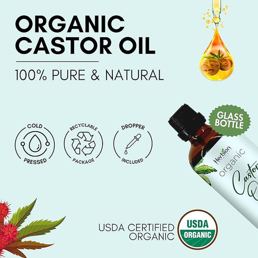 HERBION Naturals Organic Castor Oil USDA Certified, 100% Pure, Cold Pressed, Hexane-Free. Moisturizer & Hair Treatment. Glass Bottle w/Dropper, 3.38 Fl Oz
