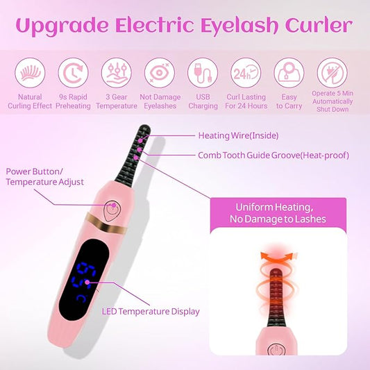 Treayes Heated Eyelash Curler, for Long-Lasting Curl, Fast Heating Portable Eyelash Curler for Daily Makeup & Travel, Anti-Scald Design with Multiple Temperature Settings, Ideal for Women