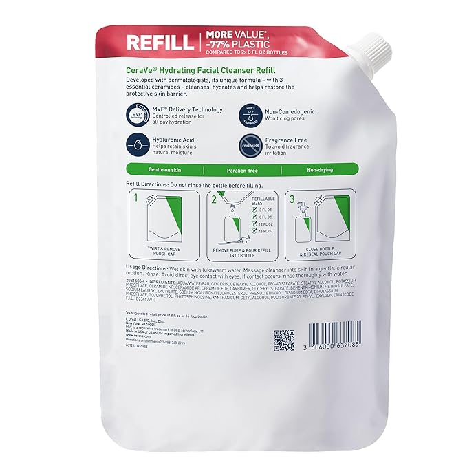 CeraVe Hydrating Facial Cleanser, Moisturizing Face Wash For Dry Skin, Hyaluronic Acid + Ceramides + Glycerin, Hydrating Cleanser For Normal To Dry Skin, 16 Ounce Refill