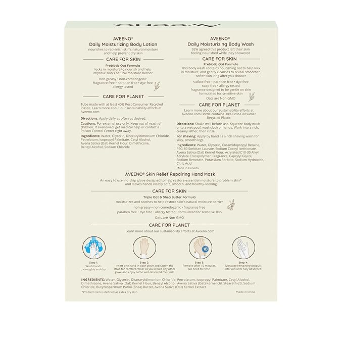 Aveeno Daily Moisture Gift Set, Skincare Set for Dry Skin with Nourishing Body Lotion, Moisturizing Body Wash, & Skin Relief Hand Mask, Formulated with Prebiotic Oat, Paraben-Free, 3 Items