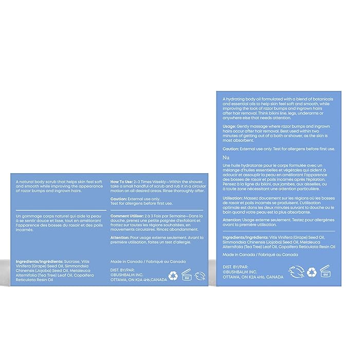 Bushbalm Ingrown Hair and Razor Bumps 2 Step Routine - Moisturize and Soothe - Nude Ingrown Hair Oil (30 ml), Nude Exfoliating Scrub (236 ml) - Nude