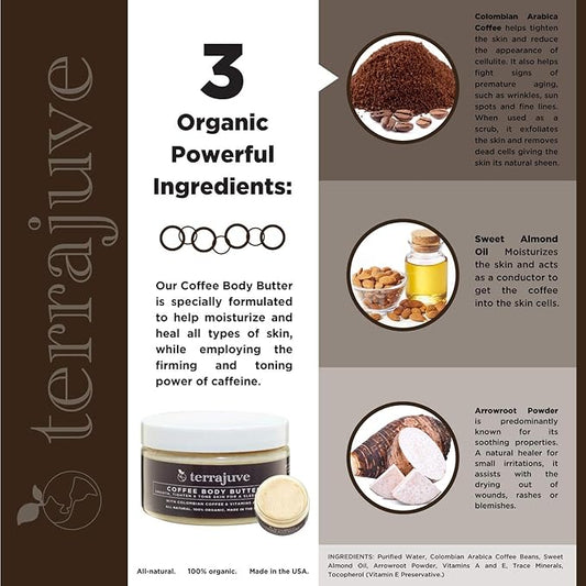 Freida and Joe Terrajuve Coffee Body Butter: Raw, Organic, Skin-Reviving Formula for Deep Hydration, Achieve Luscious Legs, Reduces Wrinkles Made in USA (4 Oz)