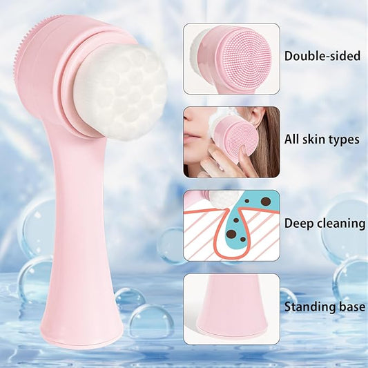 Facial Cleansing Brush 2 in 1, Face Exfoliating Scrubber Brush, Silicone Double Side Manual Face Wash Scrub Brush with Soft Bristles for Deep Pore Cleansing, Massaging, Skin Care, Pink