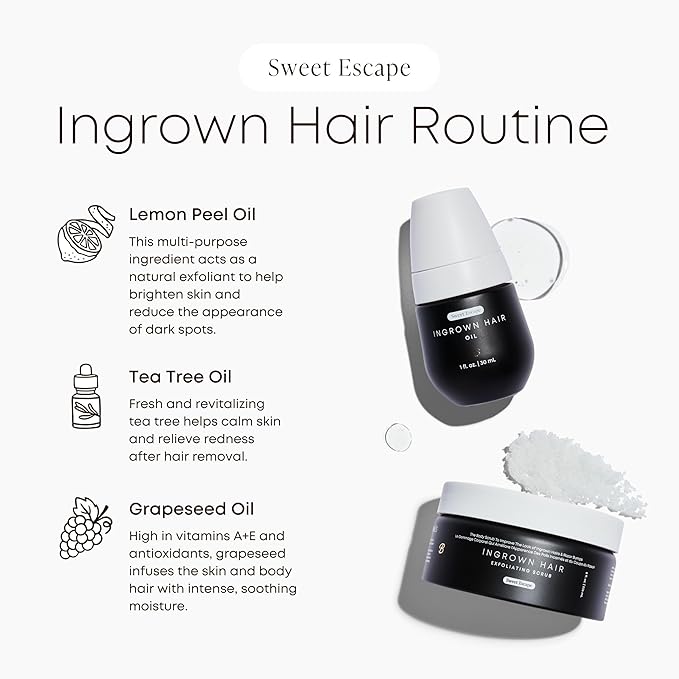 Bushbalm Ingrown Hair and Razor Bumps 2-Step Routine - Moisturize and Calm - Ingrown Hair Oil (30 ml) and Exfoliating Scrub (236 ml) - Sweet Escape