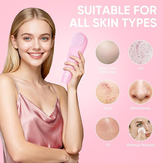 Silicone Face Scrubber Blackhead Scraper Rechargeable 2-in-1 Facial Cleansing Brush & Skin Spatula Duo, IPX7 Waterproof Exfoliating Massager Deep Cleansing for Women and Men(Light Pink)