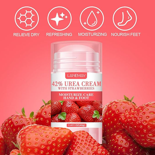 42% Urea Cream Moisturizer plus Strawberry for Dry Cracked Feet Knees Elbows Hands Hydrates & Nourish Foot Care for Softens Exfoliates Dead Skin Smoothing Skin, 1.41Oz