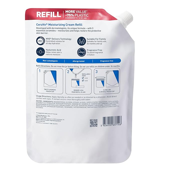 CeraVe Moisturizing Cream, Body and Face Moisturizer for Dry Skin, Body Cream with Hyaluronic Acid and Ceramides, Daily Moisturizer, Oil-Free, Fragrance Free, Non-Comedogenic, 16 Ounce Refill