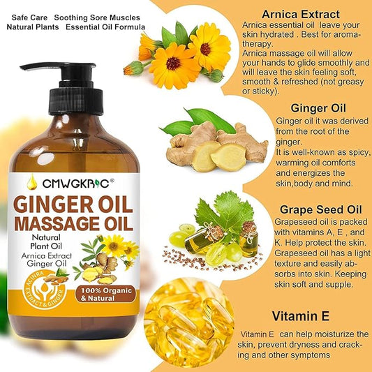 Ginger Oil,Ginger Massage Oil for Lymphatic Drainage,Natural Body Oil for Skin,Arnica Oil,Sore Muslce Massage Oil,Spa Ginger Oil-Warming and Relaxing for Christmas Stocking Stuffers for Men Women