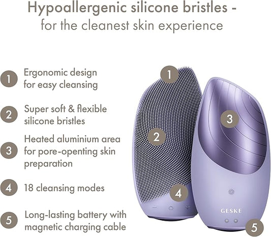 GESKE SmartAppGuided Sonic Thermo Facial Brush | 6 in 1 | Skin Cleansing | Cleansing Brush with Thermal Function | Electric Facial Massager